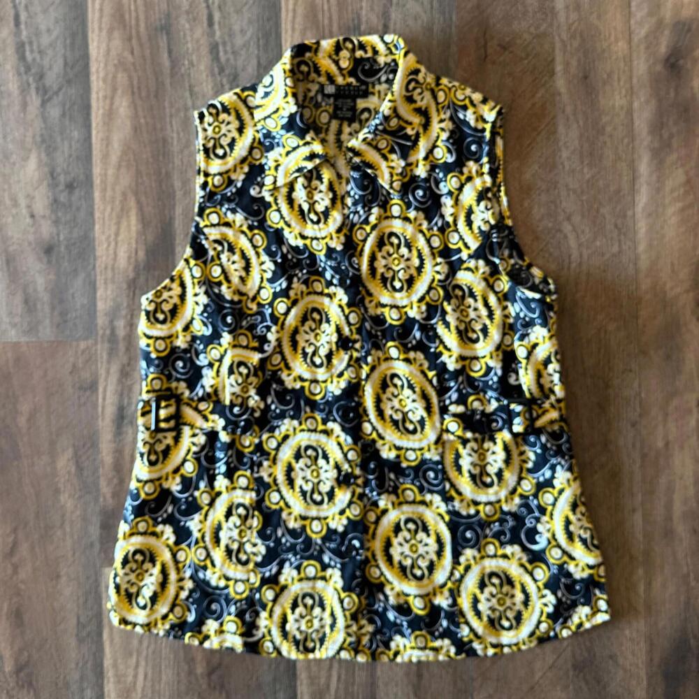 Carole Little Top Button Up 100% Linen Sleeveless Black & Yellow Artsy Sz Medium